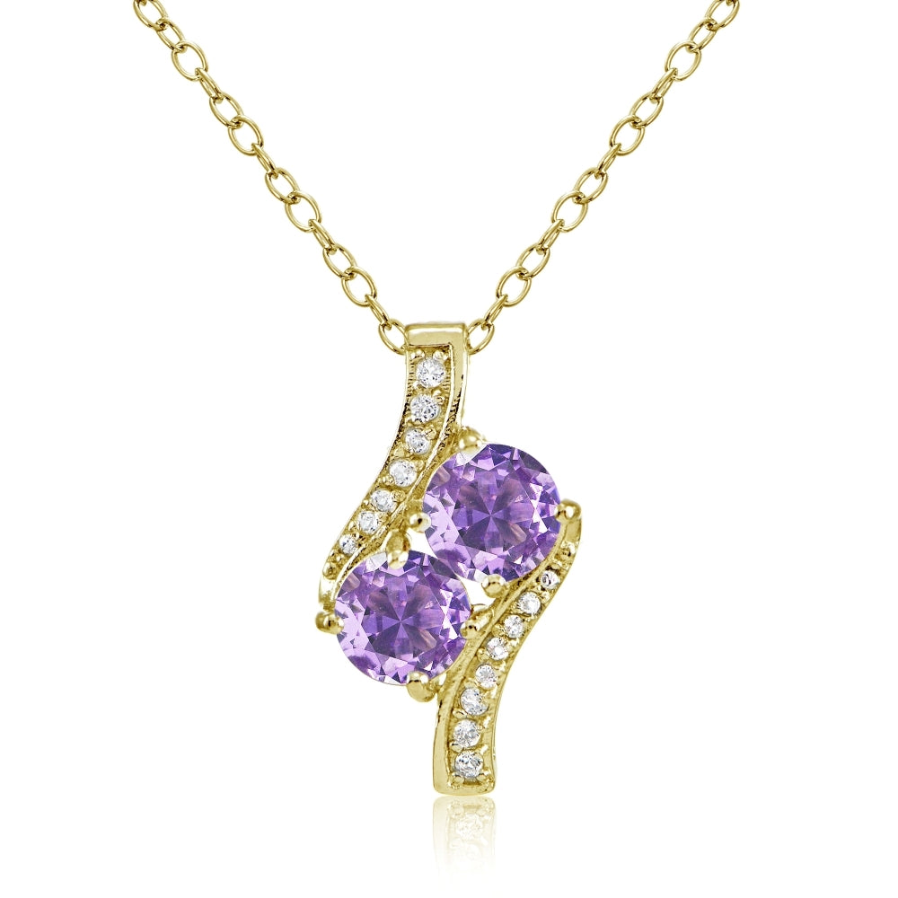 Yellow Gold Flashed Sterling Silver Created Amethyst Round Two Stone and CZ Accents Necklace