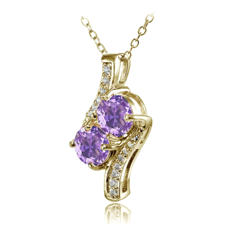 Yellow Gold Flashed Sterling Silver Created Amethyst Round Two Stone and CZ Accents Necklace-2