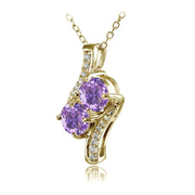 Yellow Gold Flashed Sterling Silver Created Amethyst Round Two Stone and CZ Accents Necklace
