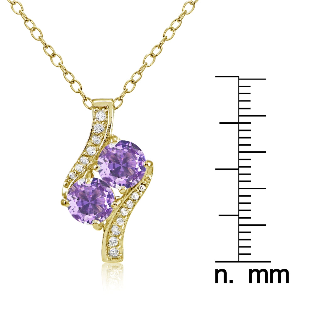 Yellow Gold Flashed Sterling Silver Created Amethyst Round Two Stone and CZ Accents Necklace-3