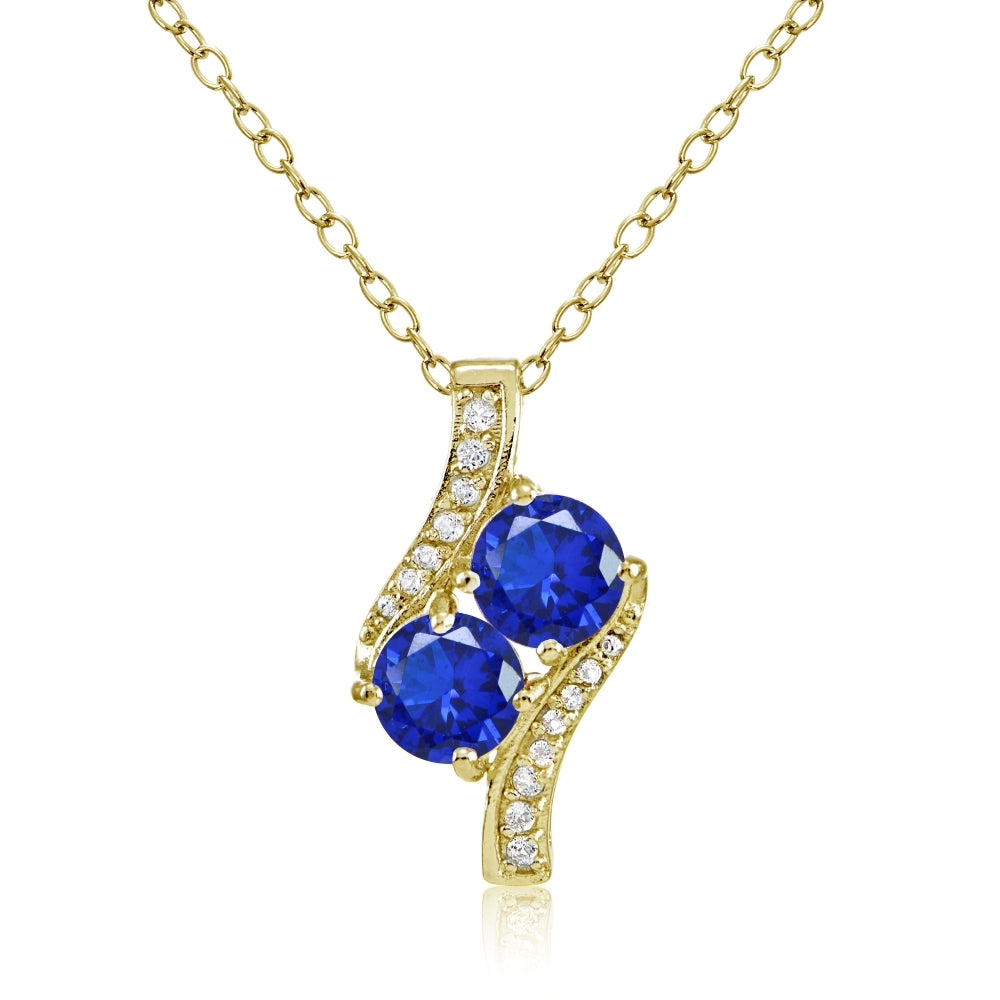 Yellow Gold Flashed Sterling Silver Created Blue Sapphire Round Two Stone and CZ Accents Necklace