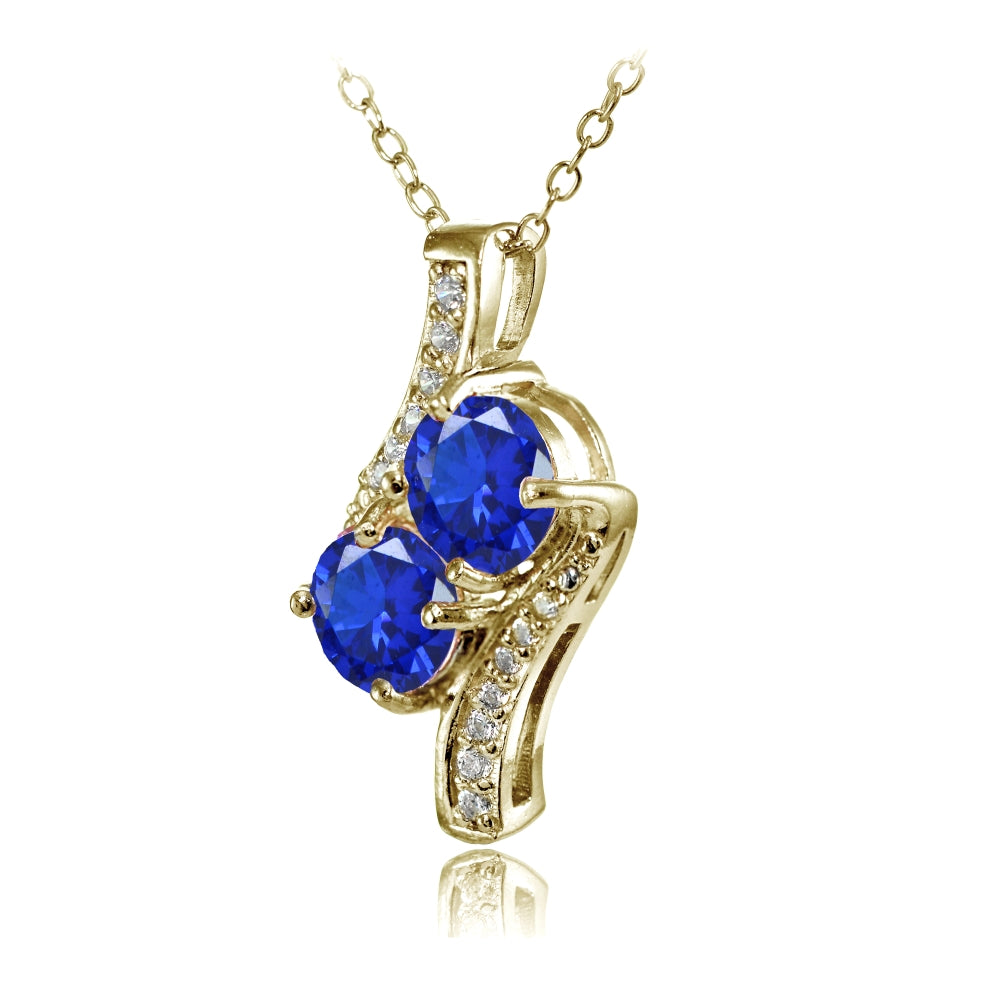 Yellow Gold Flashed Sterling Silver Created Blue Sapphire Round Two Stone and CZ Accents Necklace-2