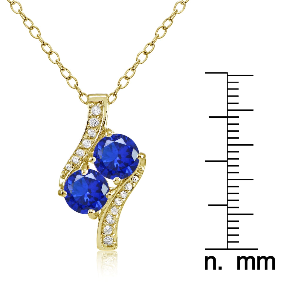 Yellow Gold Flashed Sterling Silver Created Blue Sapphire Round Two Stone and CZ Accents Necklace-3