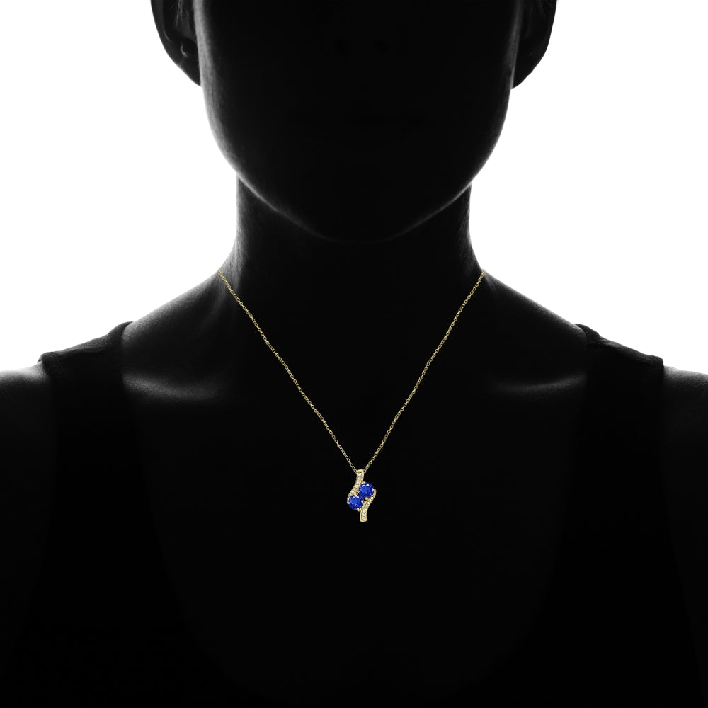 Yellow Gold Flashed Sterling Silver Created Blue Sapphire Round Two Stone and CZ Accents Necklace-4