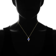 Yellow Gold Flashed Sterling Silver Created Blue Sapphire Round Two Stone and CZ Accents Necklace