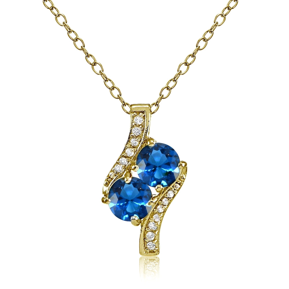 Yellow Gold Flashed Sterling Silver Created London Blue Topaz Round Two Stone and CZ Accents Necklace