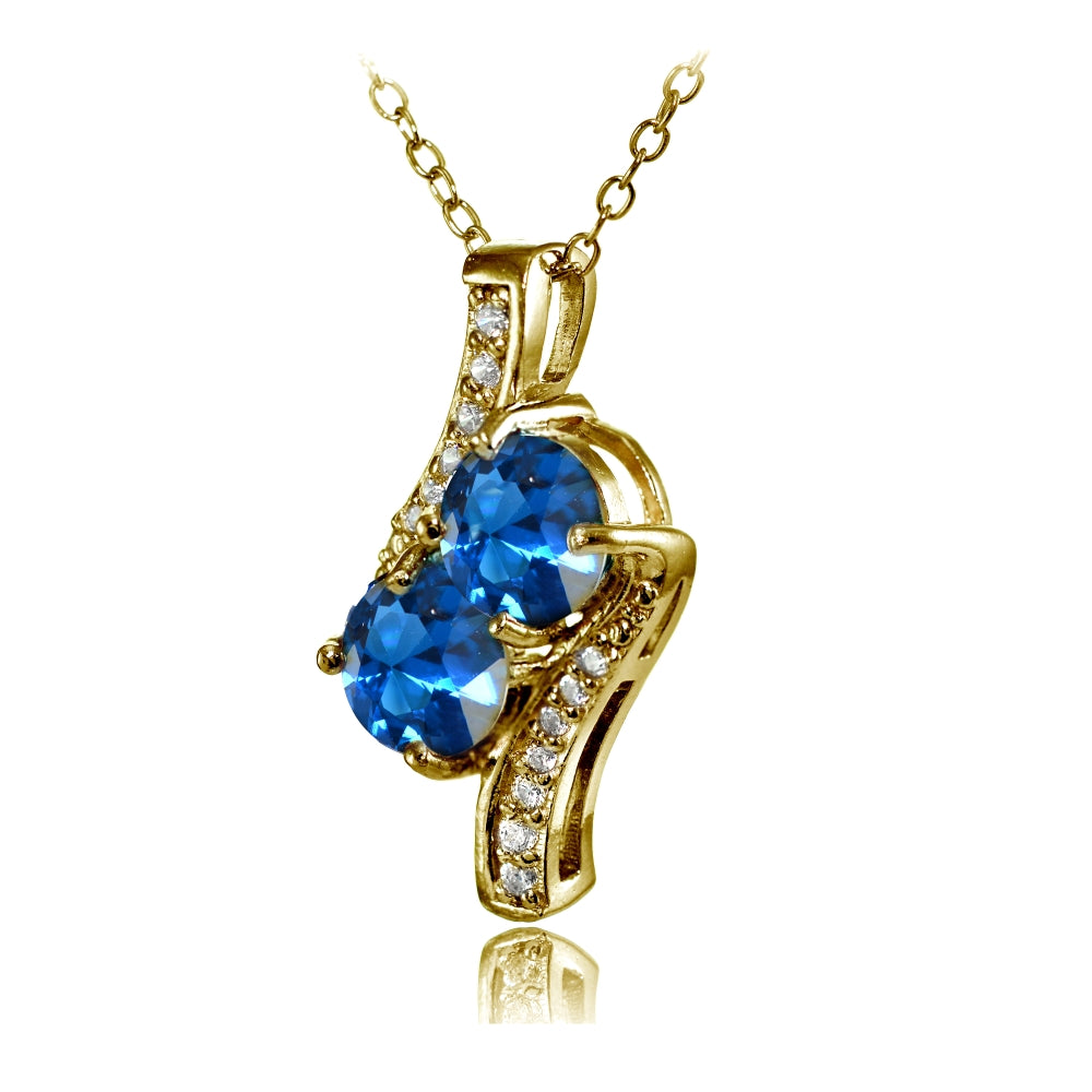 Yellow Gold Flashed Sterling Silver Created London Blue Topaz Round Two Stone and CZ Accents Necklace-2
