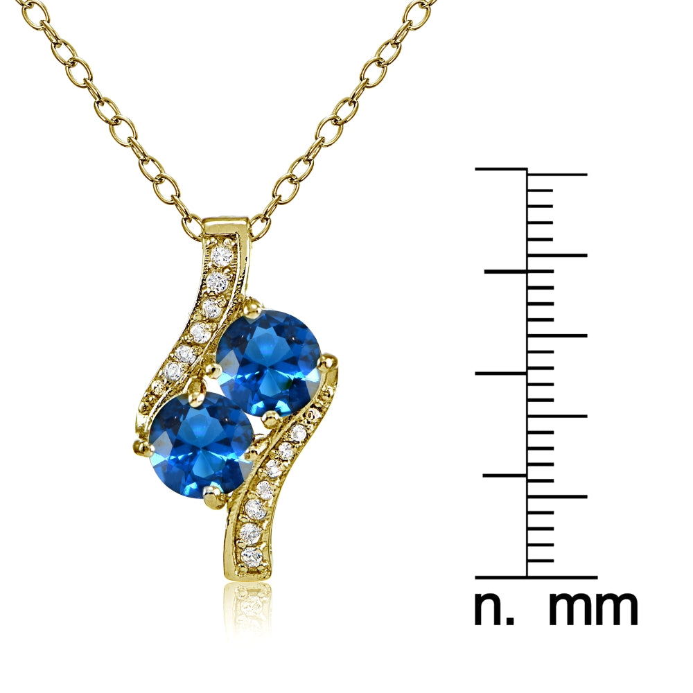 Yellow Gold Flashed Sterling Silver Created London Blue Topaz Round Two Stone and CZ Accents Necklace-3