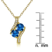 Yellow Gold Flashed Sterling Silver Created London Blue Topaz Round Two Stone and CZ Accents Necklace