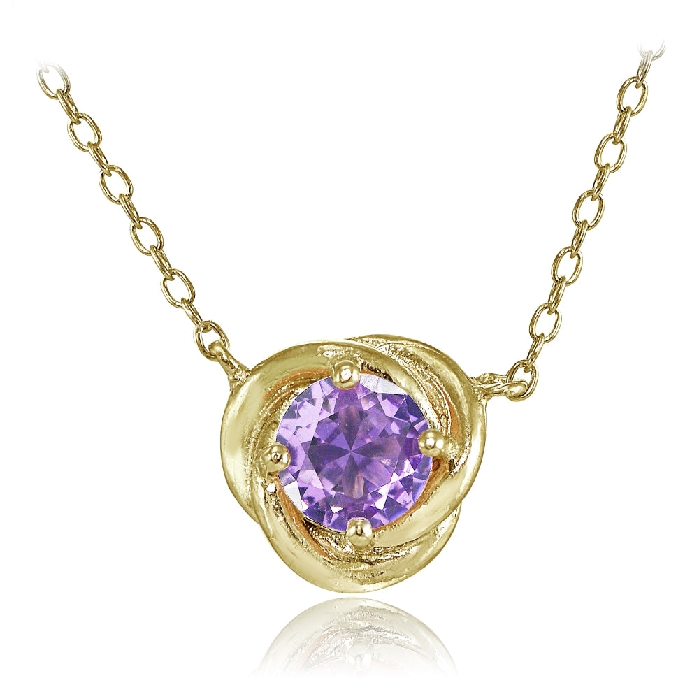 Yellow Gold Flashed Sterling Silver Created Amethyst 6mm Round Love Knot Pendant Necklace
