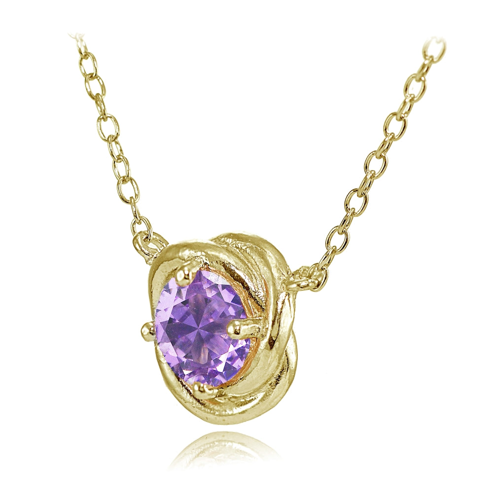 Yellow Gold Flashed Sterling Silver Created Amethyst 6mm Round Love Knot Pendant Necklace-2