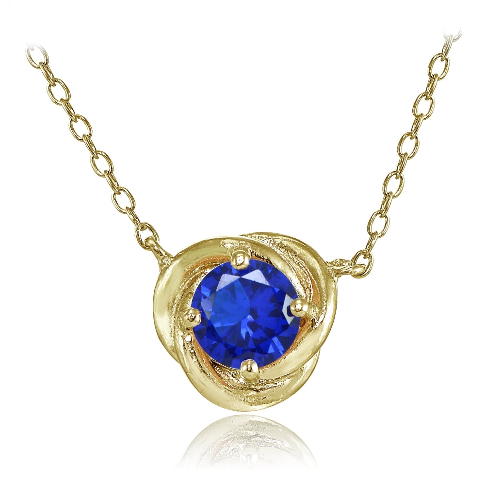 Yellow Gold Flashed Sterling Silver Created Blue Sapphire 6mm Round Love Knot Pendant Necklace