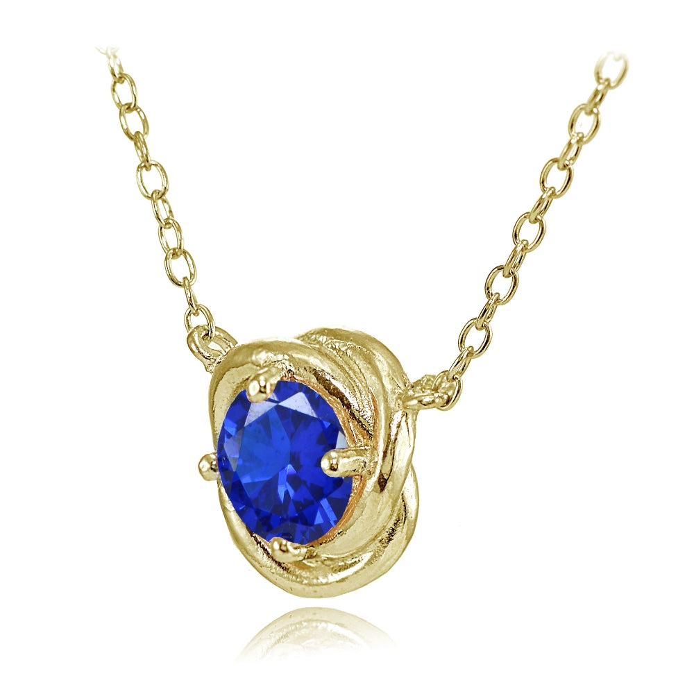 Yellow Gold Flashed Sterling Silver Created Blue Sapphire 6mm Round Love Knot Pendant Necklace-2