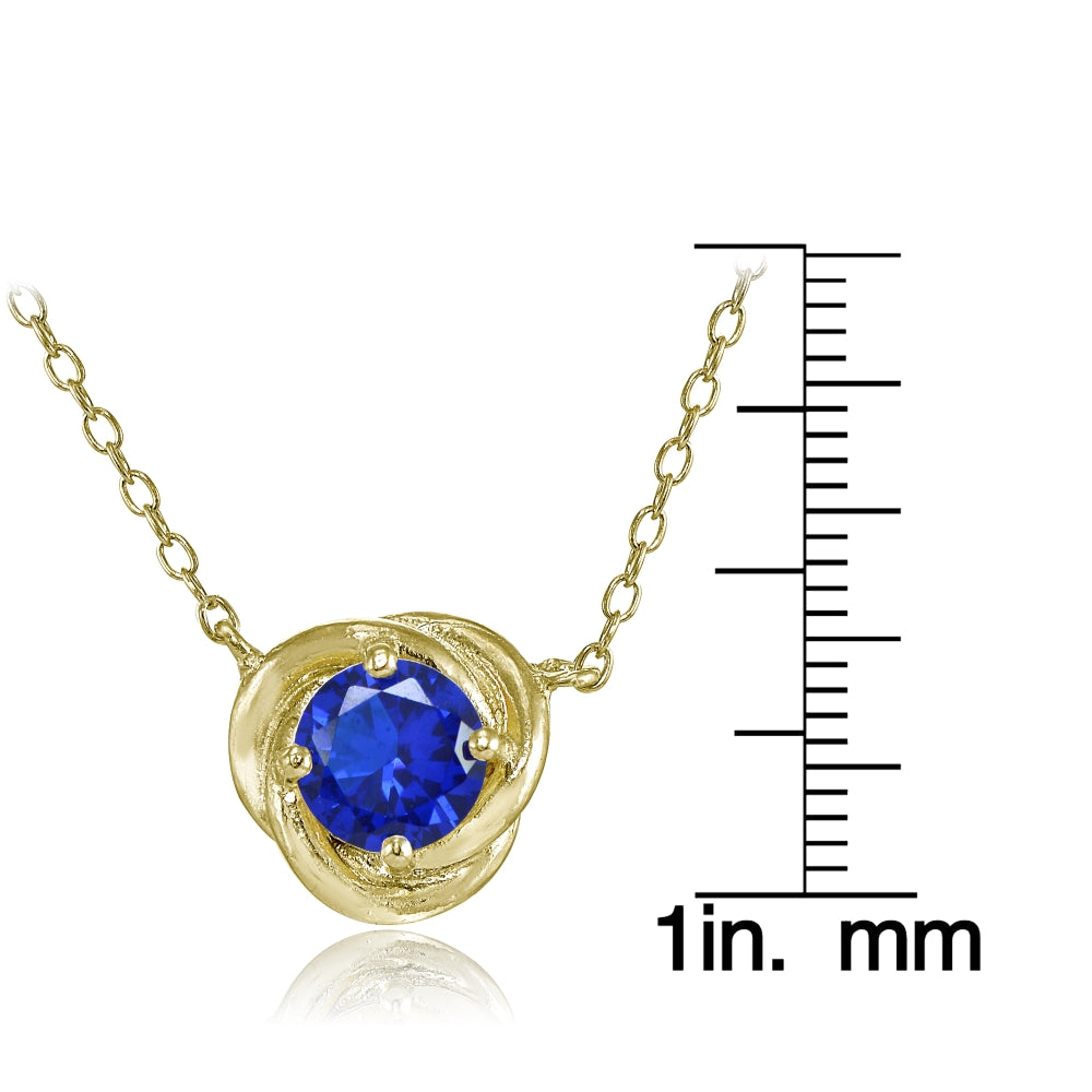 Yellow Gold Flashed Sterling Silver Created Blue Sapphire 6mm Round Love Knot Pendant Necklace-3