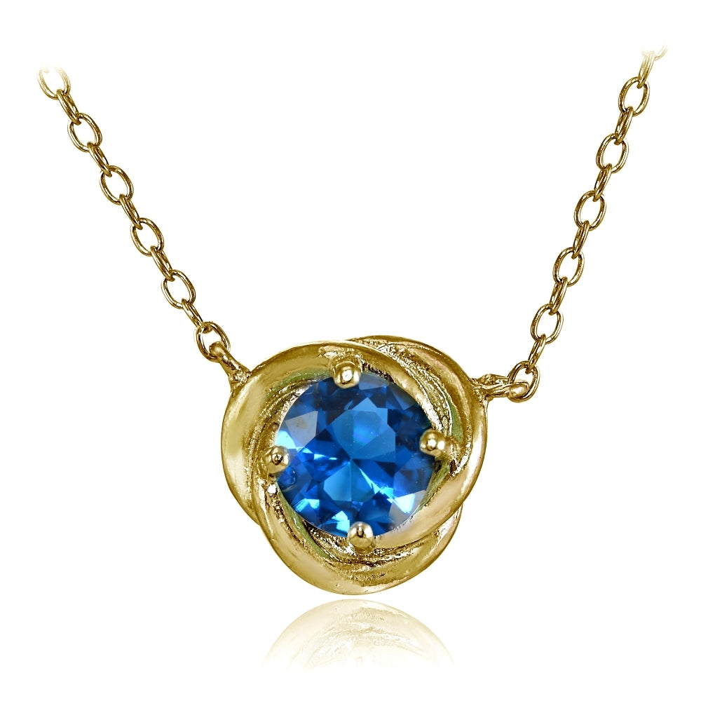 Yellow Gold Flashed Sterling Silver Created London Blue Topaz 6mm Round Love Knot Pendant Necklace