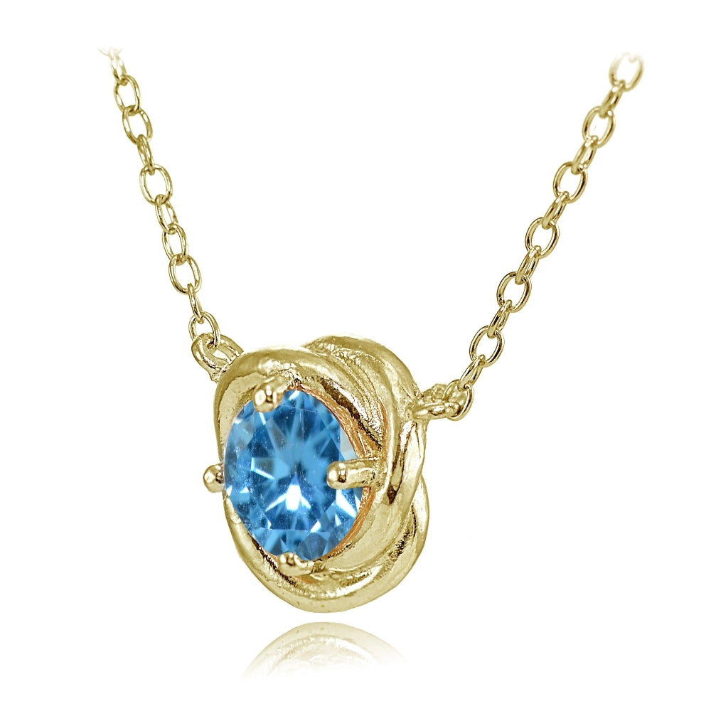 Yellow Gold Flashed Sterling Silver Created Blue Topaz 6mm Round Love Knot Pendant Necklace-3