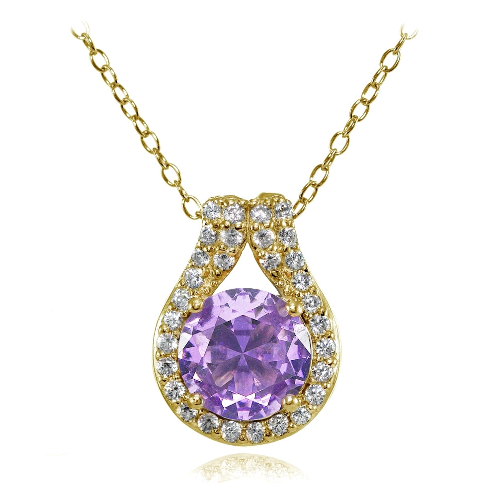 Yellow Gold Flashed Sterling Silver Created Amethyst Round Halo Necklace with CZ Accents