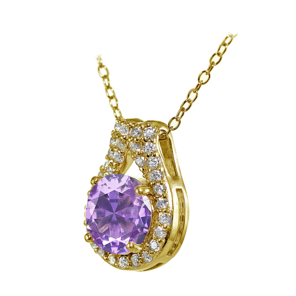 Yellow Gold Flashed Sterling Silver Created Amethyst Round Halo Necklace with CZ Accents-2