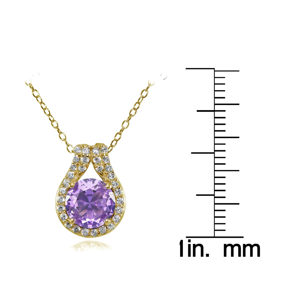 Yellow Gold Flashed Sterling Silver Created Amethyst Round Halo Necklace with CZ Accents-3