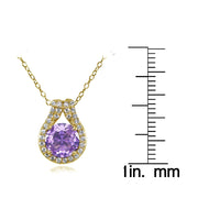 Yellow Gold Flashed Sterling Silver Created Amethyst Round Halo Necklace with CZ Accents