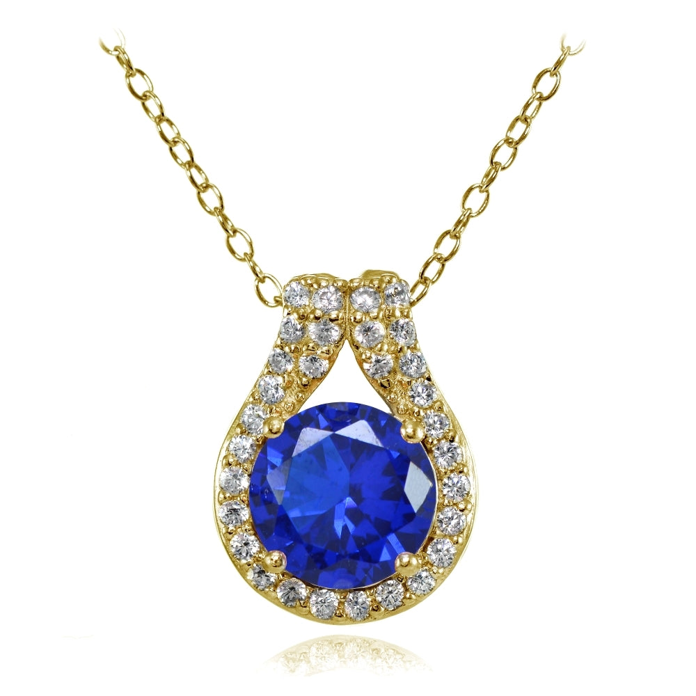 Yellow Gold Flashed Sterling Silver Created Blue Sapphire Round Halo Necklace with CZ Accents