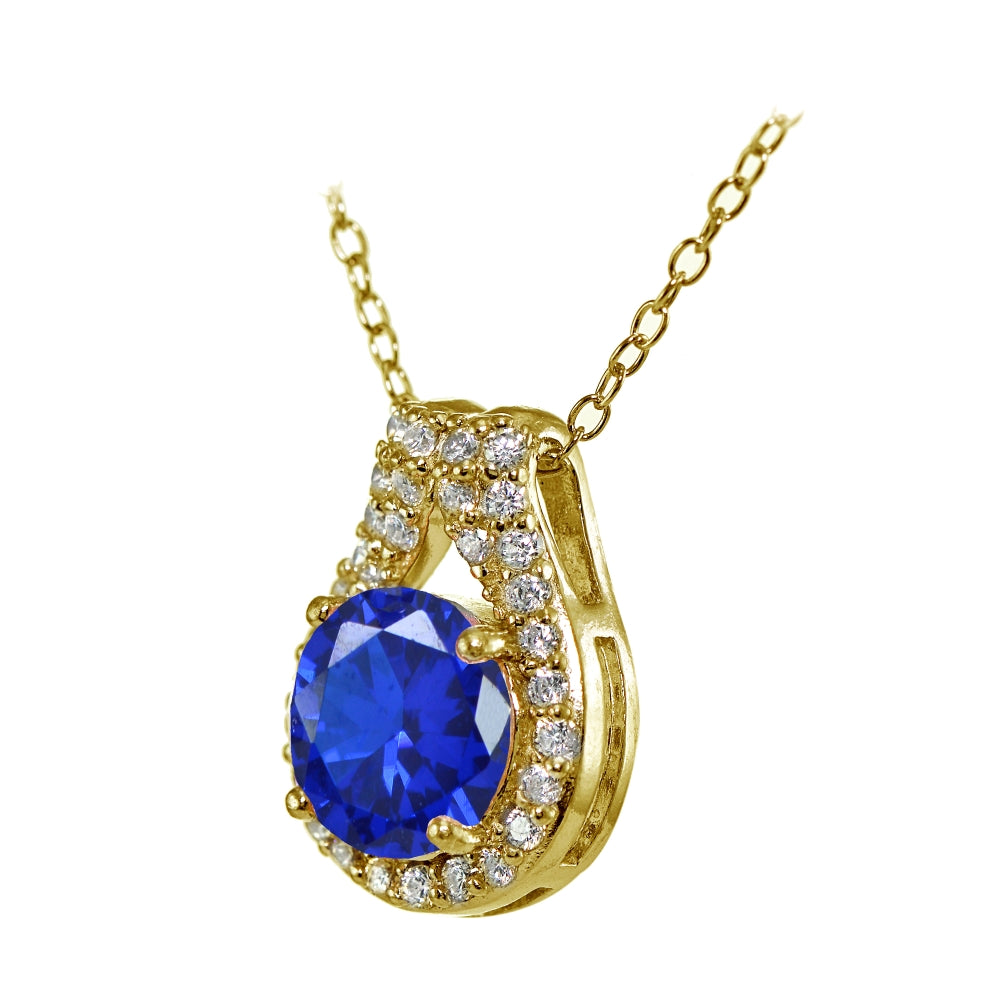 Yellow Gold Flashed Sterling Silver Created Blue Sapphire Round Halo Necklace with CZ Accents-2