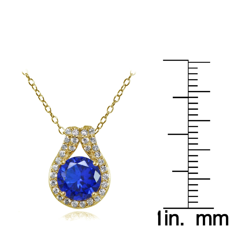 Yellow Gold Flashed Sterling Silver Created Blue Sapphire Round Halo Necklace with CZ Accents-3