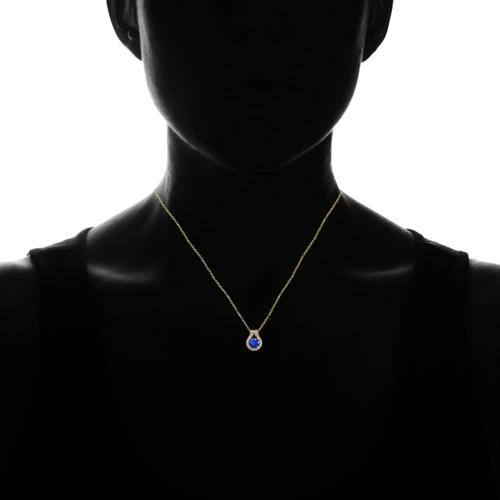 Yellow Gold Flashed Sterling Silver Created Blue Sapphire Round Halo Necklace with CZ Accents-4