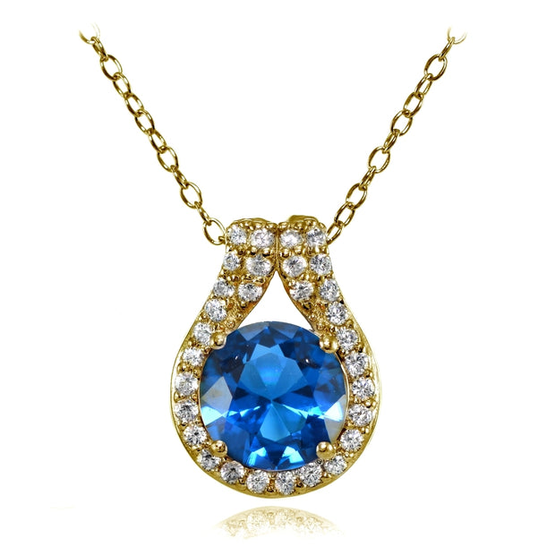 Yellow Gold Flashed Sterling Silver Created London Blue Topaz Round Halo Necklace with CZ Accents