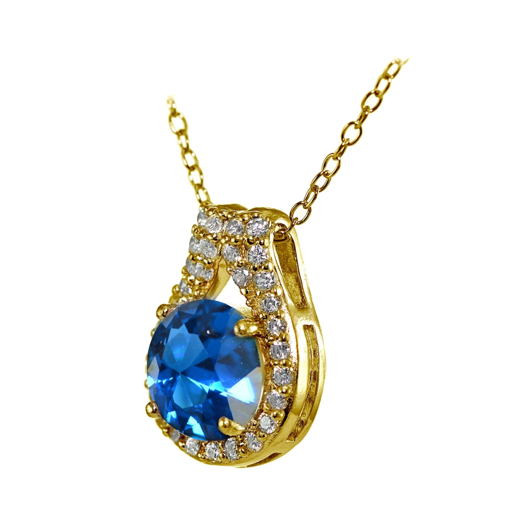Yellow Gold Flashed Sterling Silver Created London Blue Topaz Round Halo Necklace with CZ Accents-2