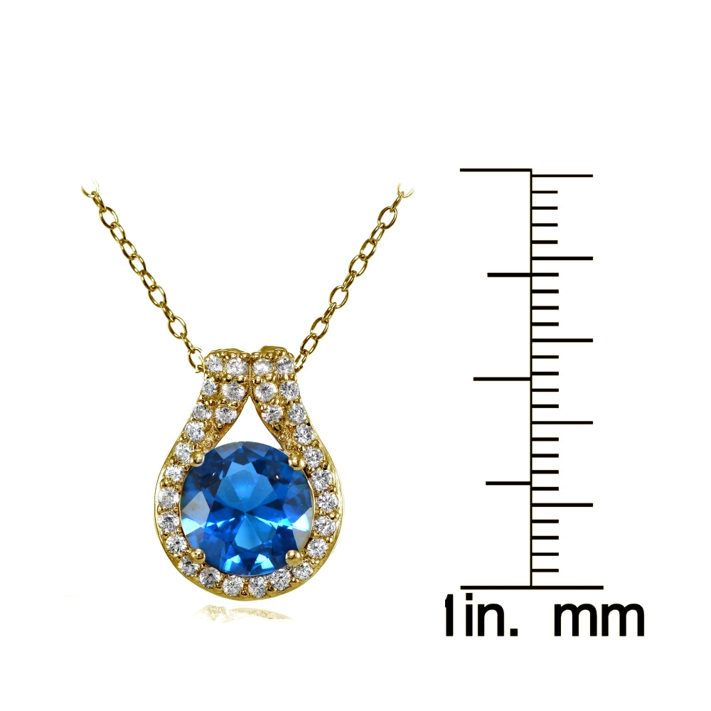 Yellow Gold Flashed Sterling Silver Created London Blue Topaz Round Halo Necklace with CZ Accents-3