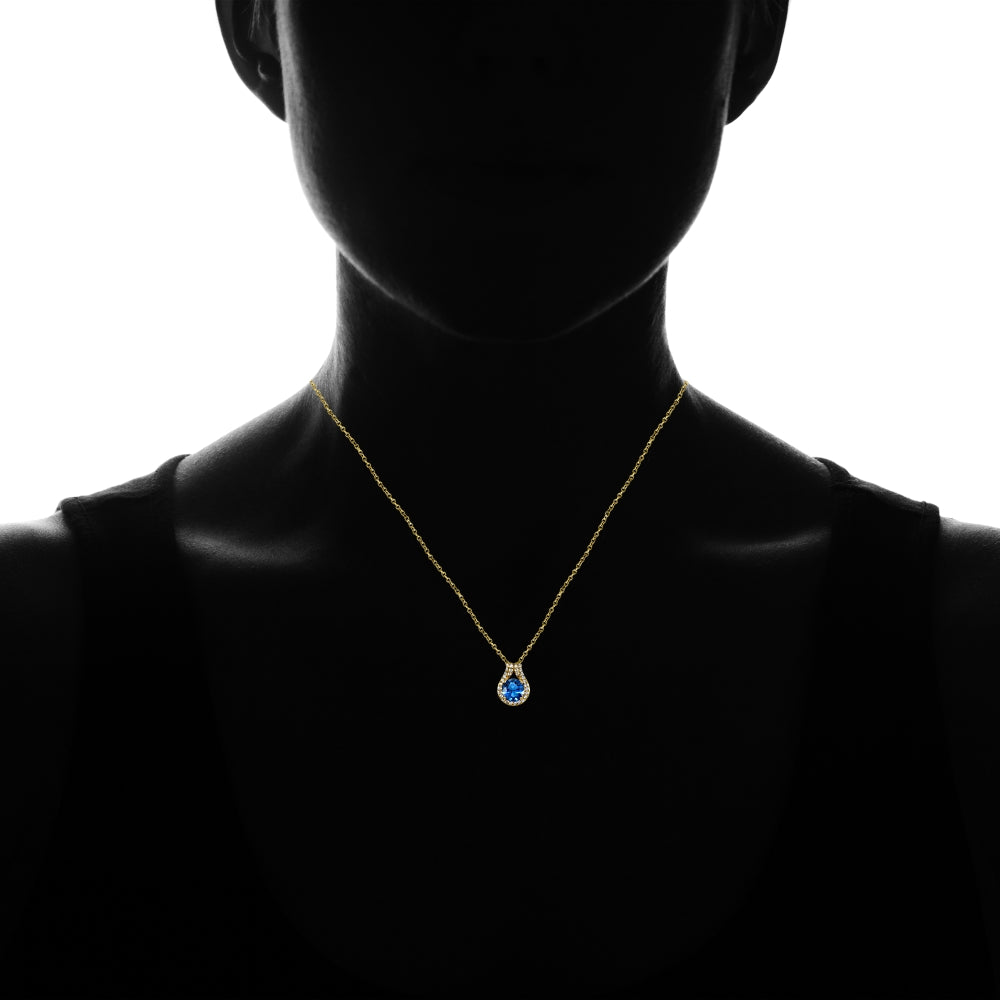 Yellow Gold Flashed Sterling Silver Created London Blue Topaz Round Halo Necklace with CZ Accents-4
