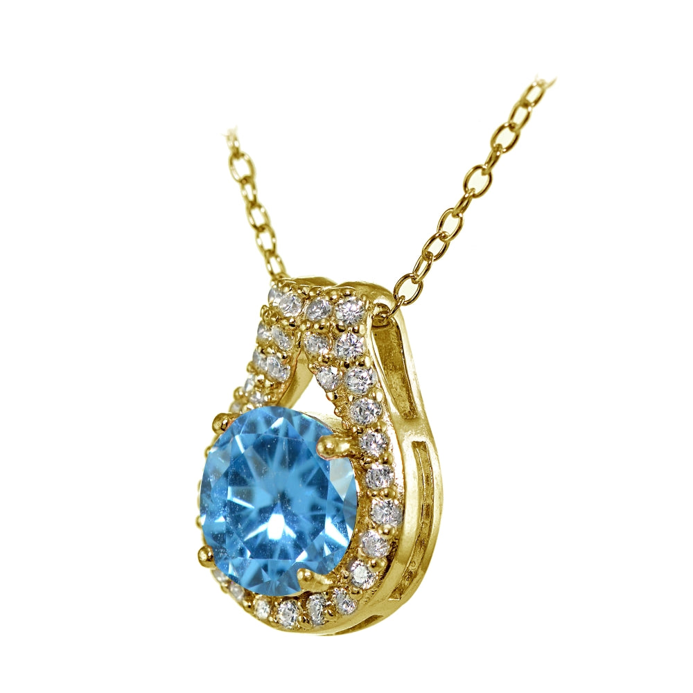 Yellow Gold Flashed Sterling Silver Created Blue Topaz Round Halo Necklace with CZ Accents-2