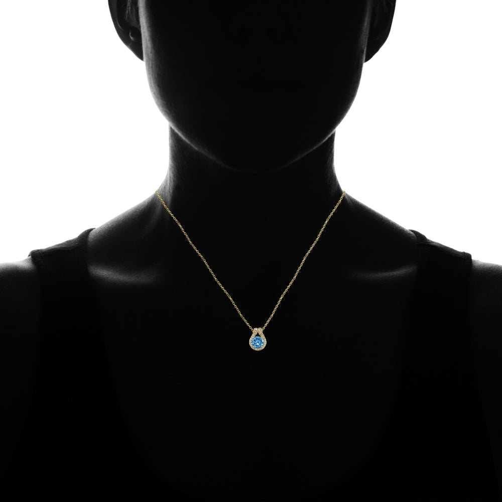 Yellow Gold Flashed Sterling Silver Created Blue Topaz Round Halo Necklace with CZ Accents-4
