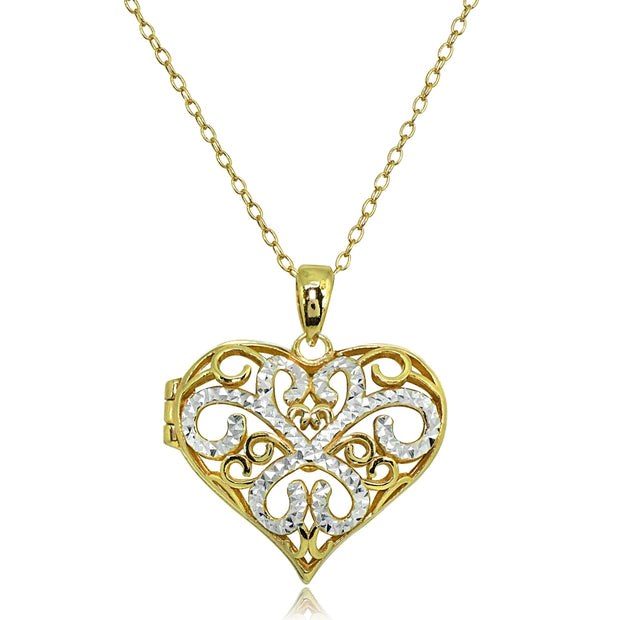 Yellow Gold Flashed Sterling Silver Two-Tone Polished Diamond-Cut Heart Filigree Picture Locket Necklace