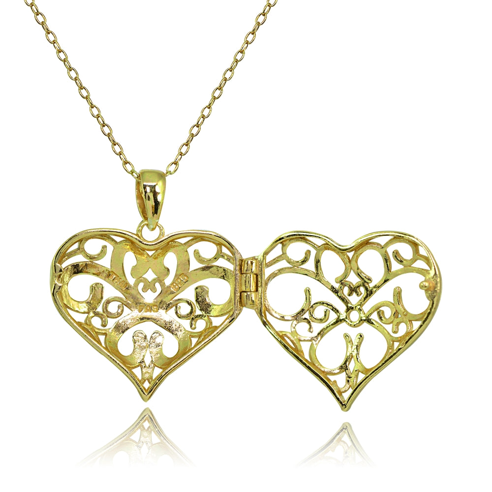 Yellow Gold Flashed Sterling Silver Two-Tone Polished Diamond-Cut Heart Filigree Picture Locket Necklace-2