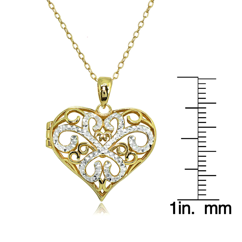Yellow Gold Flashed Sterling Silver Two-Tone Polished Diamond-Cut Heart Filigree Picture Locket Necklace-3