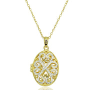 Yellow Gold Flashed Sterling Silver Two-Tone Polished Diamond-Cut Oval Filigree Picture Locket Necklace