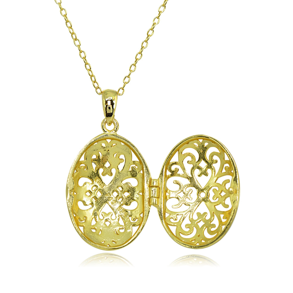 Yellow Gold Flashed Sterling Silver Two-Tone Polished Diamond-Cut Oval Filigree Picture Locket Necklace-2
