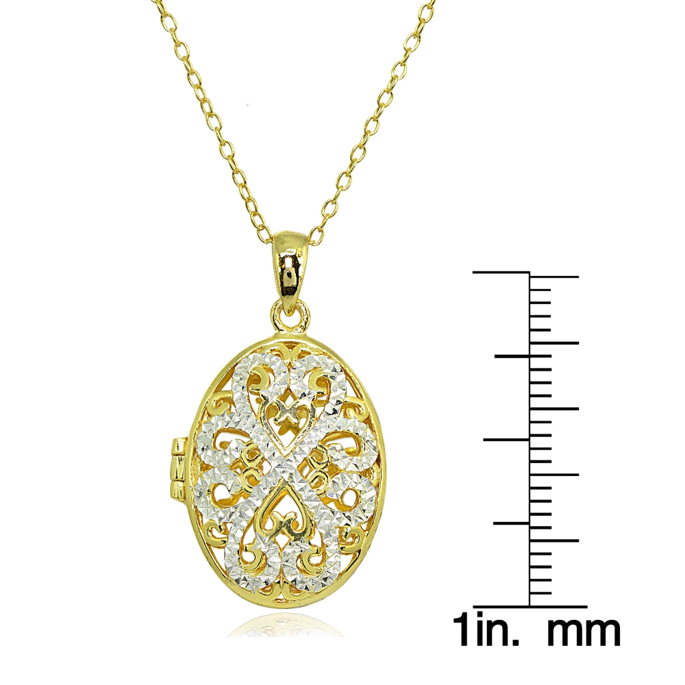 Yellow Gold Flashed Sterling Silver Two-Tone Polished Diamond-Cut Oval Filigree Picture Locket Necklace-3