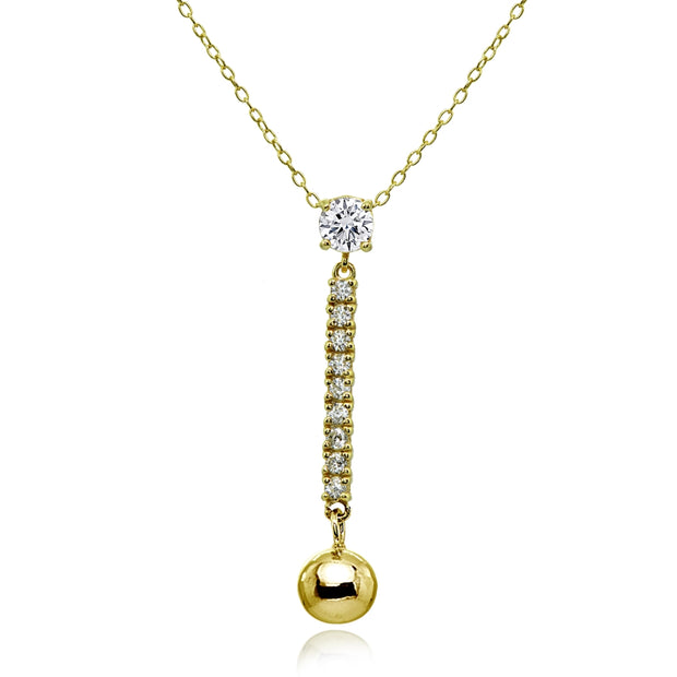 Yellow Gold Flashed Sterling Silver Cubic Zirconia Round Long Dangling Bar Bead Drop Necklace