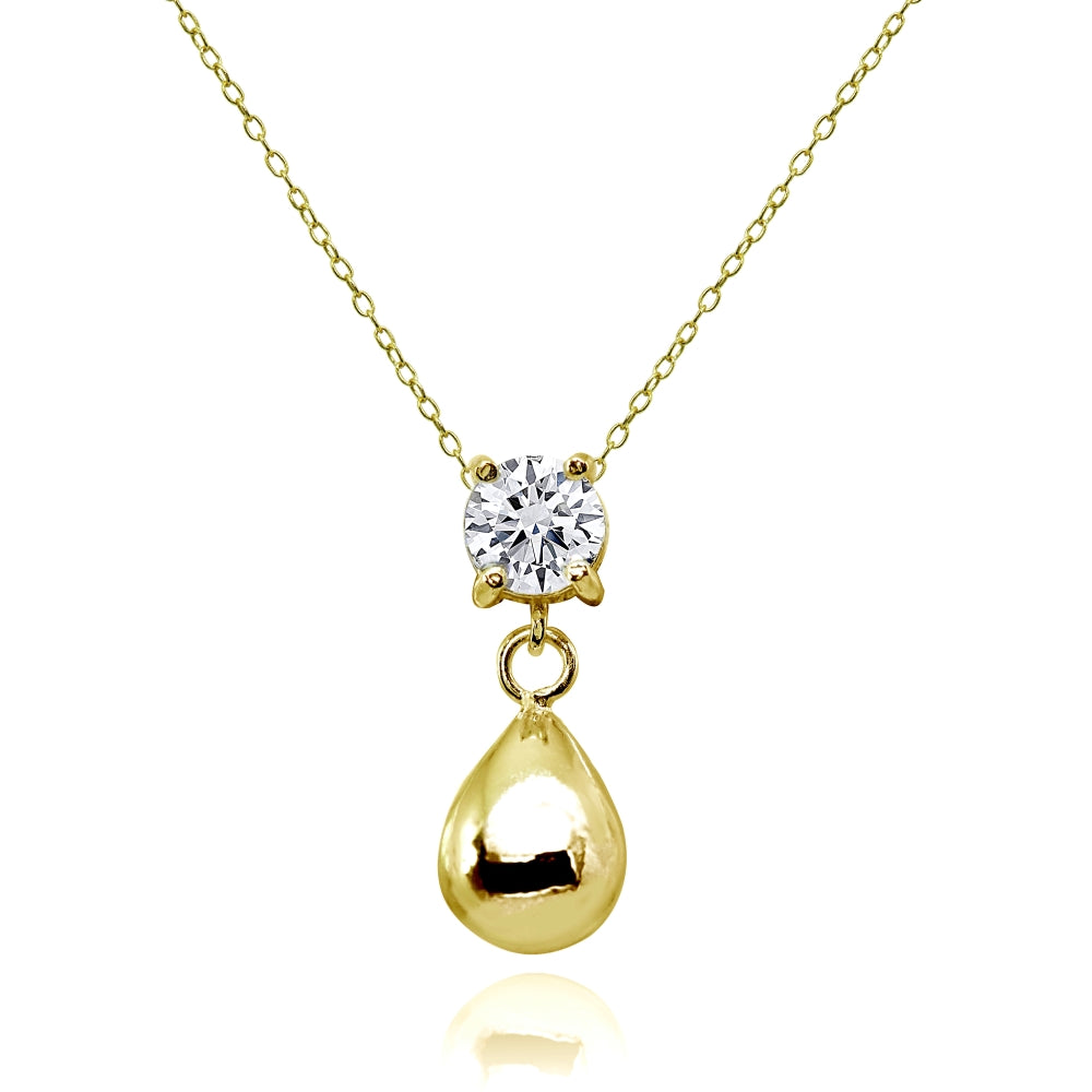 Yellow Gold Flashed Sterling Silver Cubic Zirconia 6mm Dangling Pear-Shape Bead Necklace
