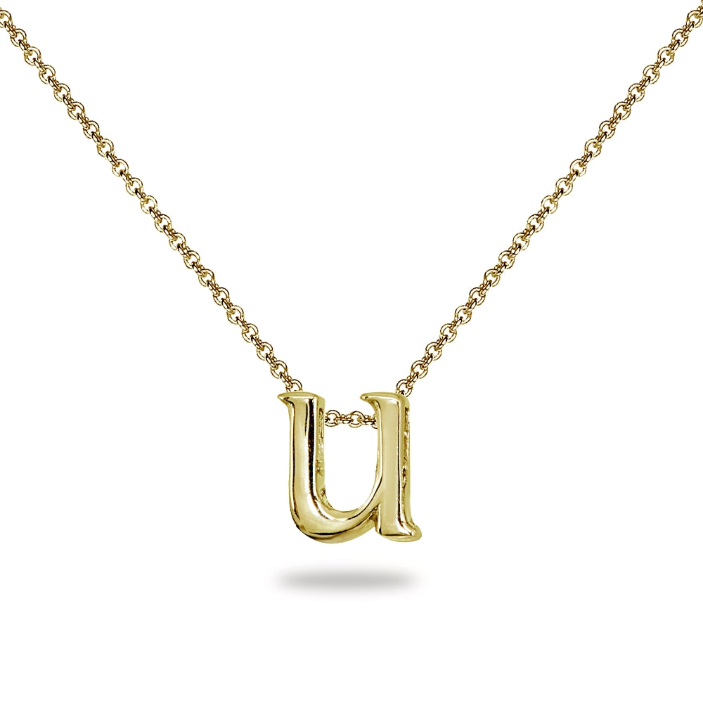 Yellow Gold Flashed Sterling Silver U Letter Initial Alphabet Name Personalized 925 Silver Necklace, 15” + Extender