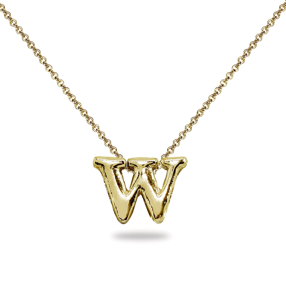 Yellow Gold Flashed Sterling Silver W Letter Initial Alphabet Name Personalized 925 Silver Necklace, 15” + Extender