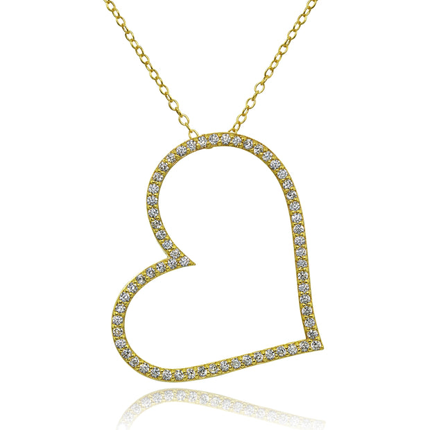 Yellow Gold Flashed Sterling Silver Cubic Zirconia Large Sideways Heart Slide Necklace