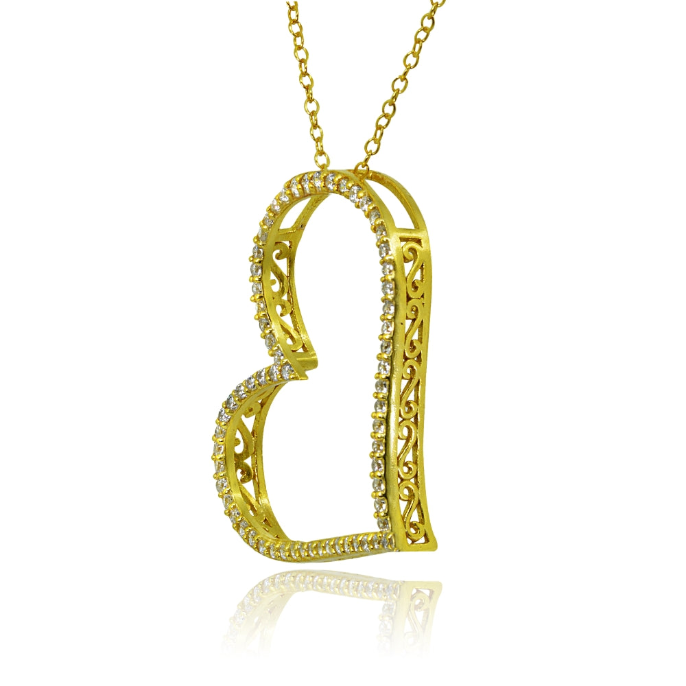 Yellow Gold Flashed Sterling Silver Cubic Zirconia Large Sideways Heart Slide Necklace-2