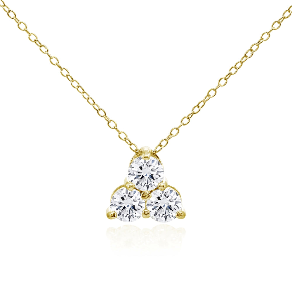 Yellow Gold Flashed Sterling Silver Three Stone Round Cubic Zirconia Cluster Triangle Slide Necklace