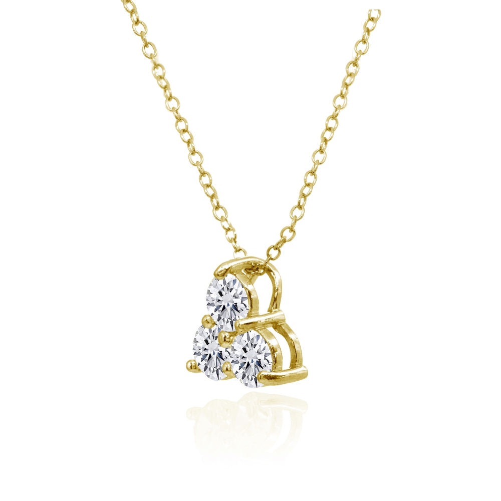 Yellow Gold Flashed Sterling Silver Three Stone Round Cubic Zirconia Cluster Triangle Slide Necklace-2
