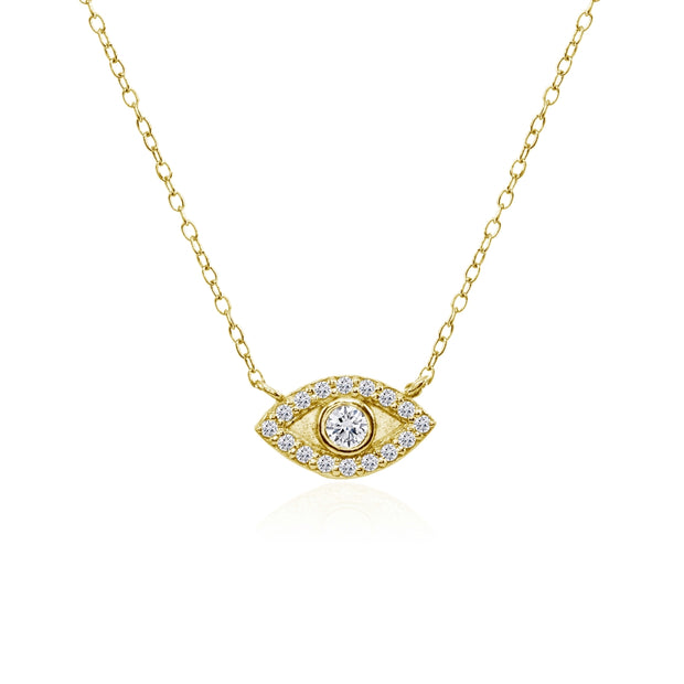 Yellow Gold Flashed Sterling Silver Evil Eye Round Bezel-Set Cubic Zirconia Dainty Choker Necklace