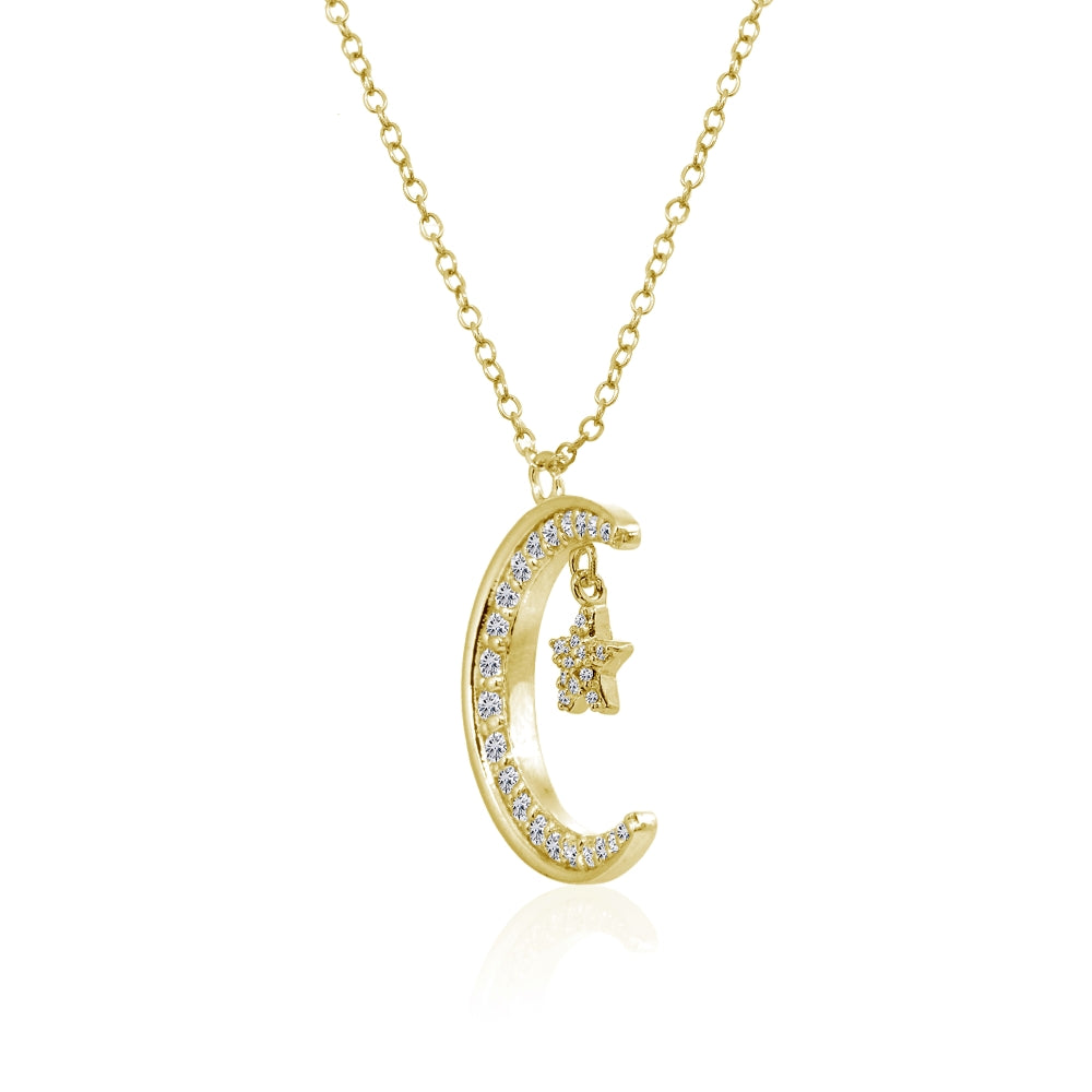 Yellow Gold Flashed Sterling Silver Crescent Moon and Star Polished Round Cubic Zirconia Necklace-2